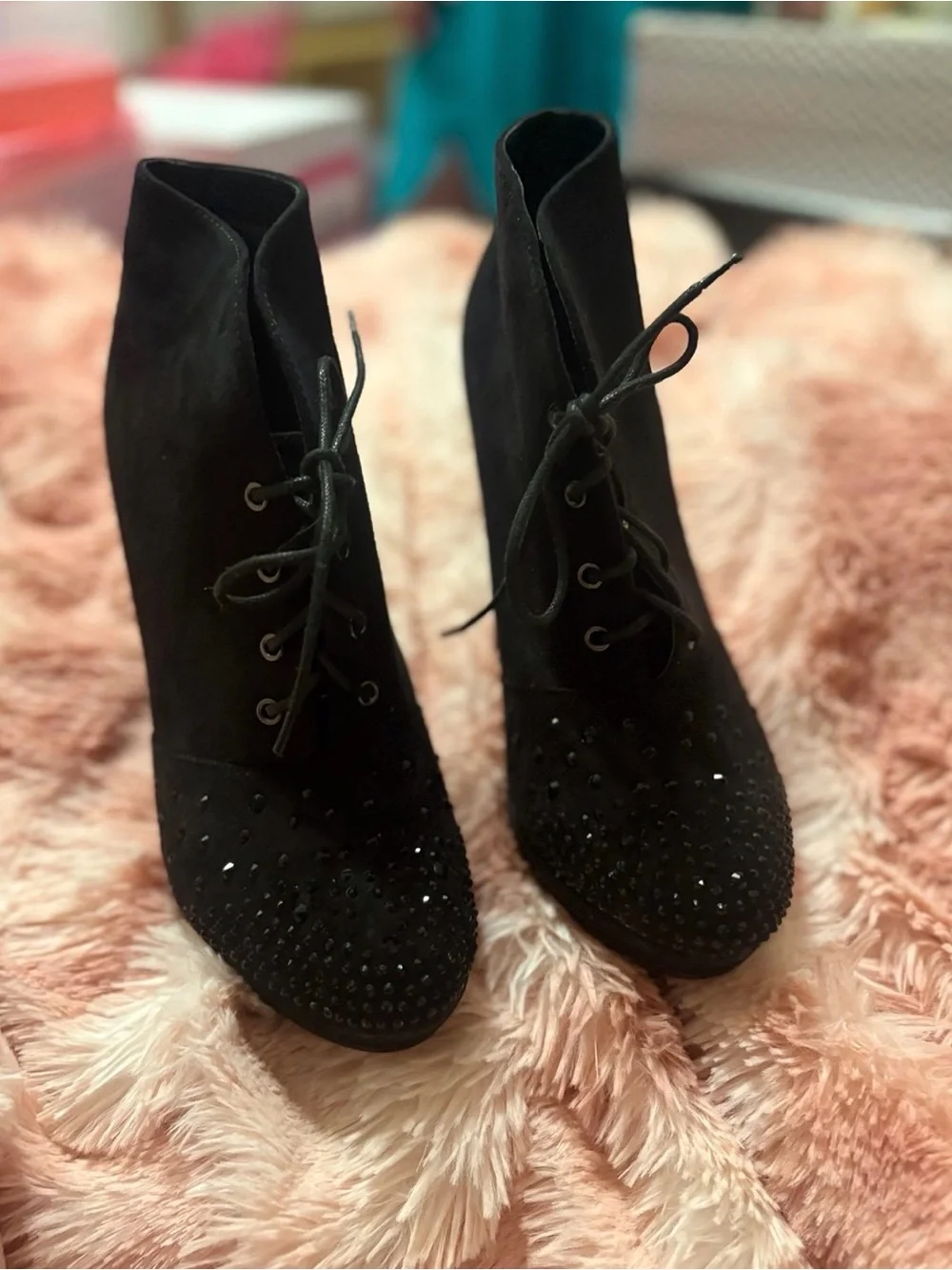 Black Lace-Up Ankle Booties with Studded Toe
